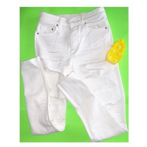 High waisted distress white jeans